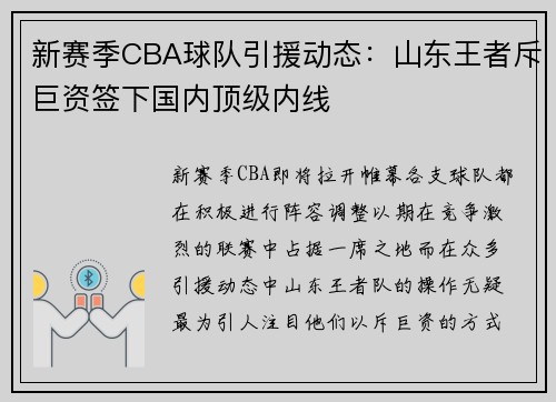 新赛季CBA球队引援动态：山东王者斥巨资签下国内顶级内线